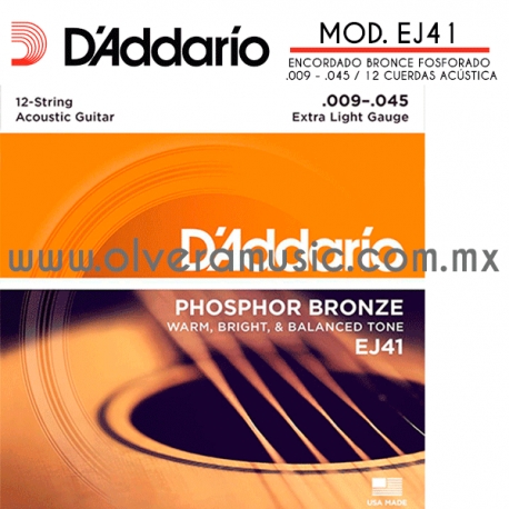 D´Addario Mod.EJ41 encordado de bronce fosforado para guitarra acústica 12 cuerdas (.009-.045)
